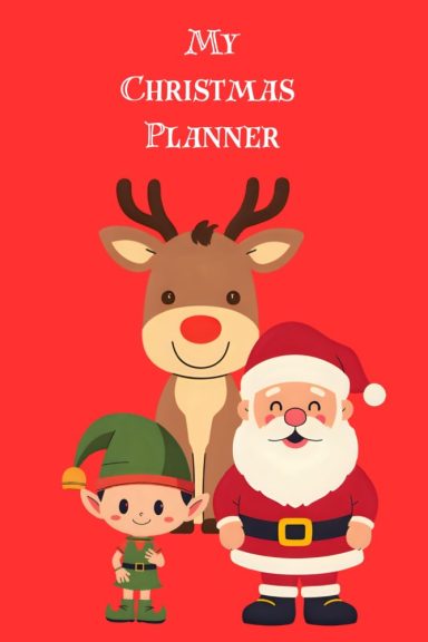 Christmas planner cover with santa, elf and rudolph