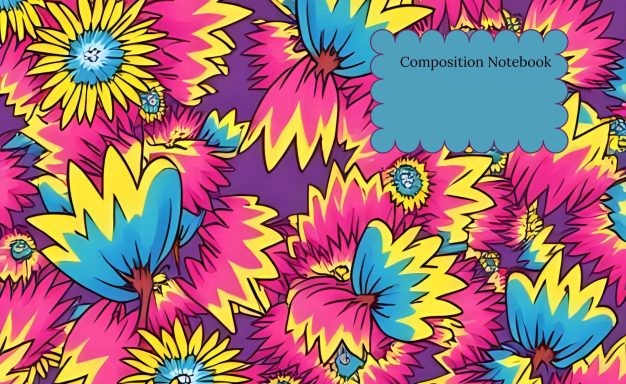 composition book cover feauturing bright animie design.